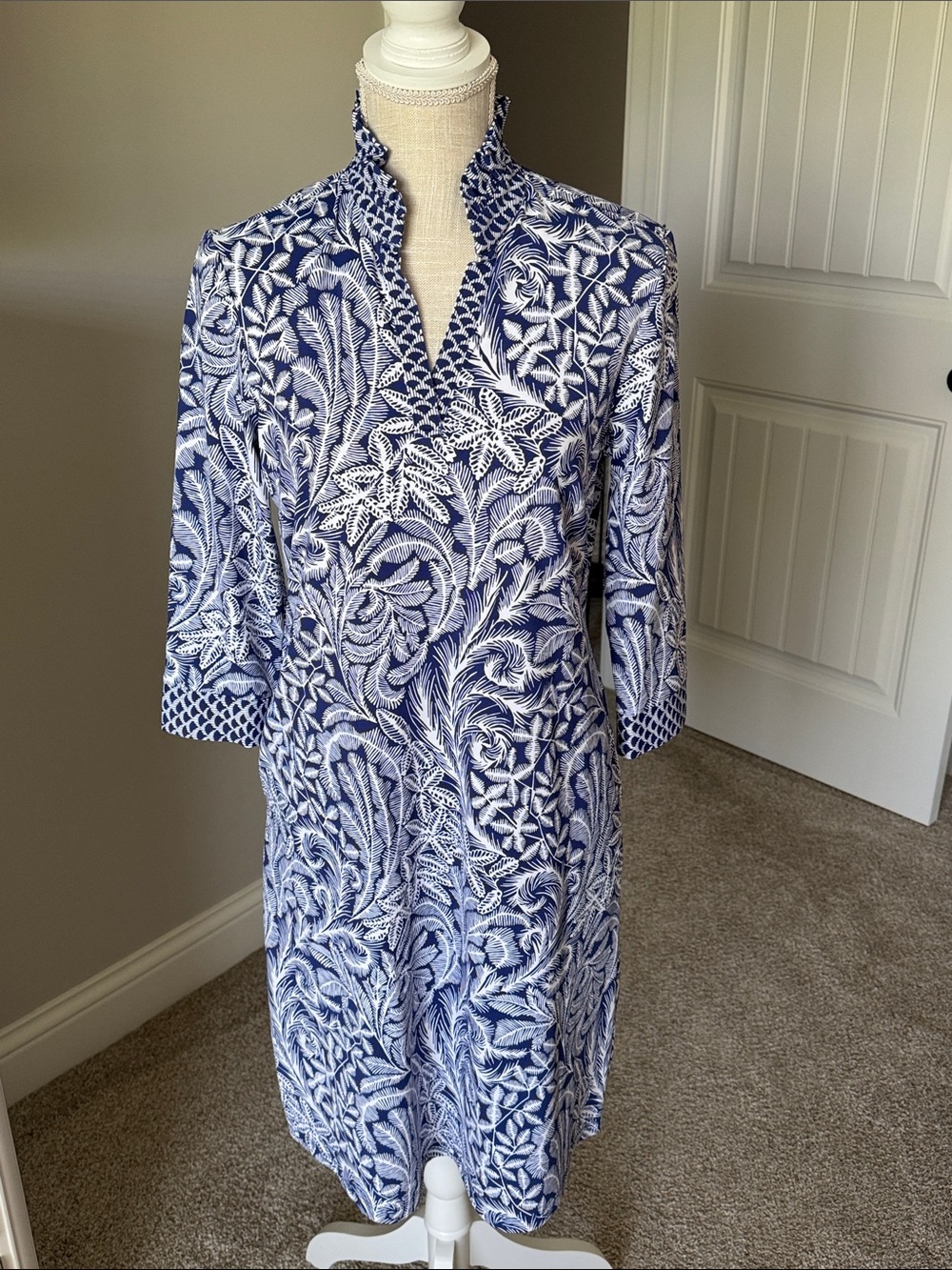 J. McLaughlin Royal Blue & White Floral V-Neck Midi Dress